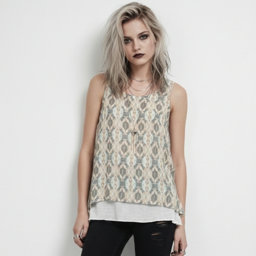 AGB Tank Top Aztec Grunge Layered Festival Boho Hippie Tan Gray M